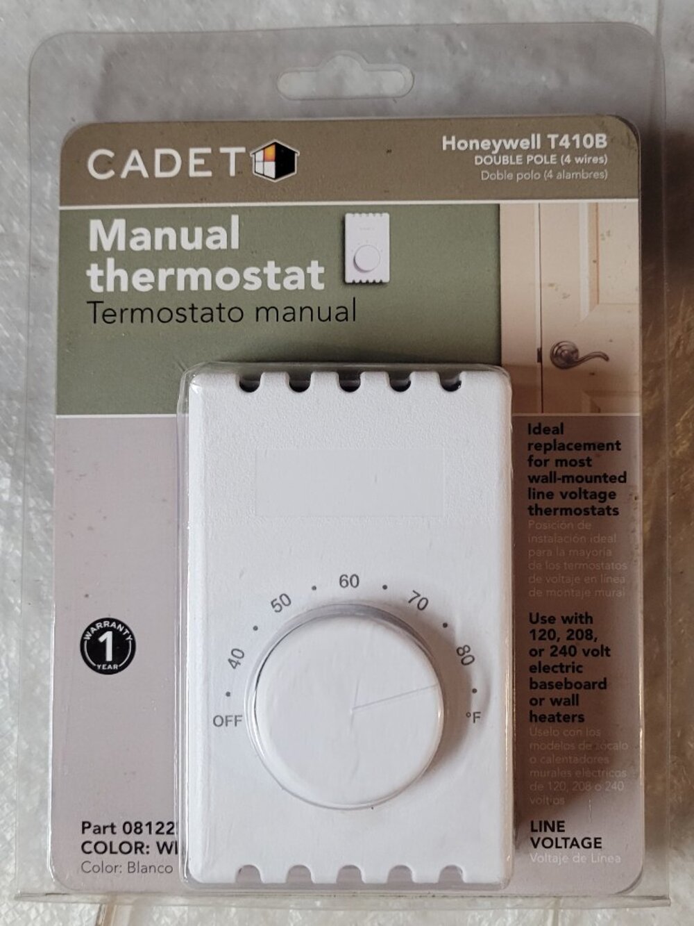Honeywell 08122 Cadet Manual Thermostat T410B White - New